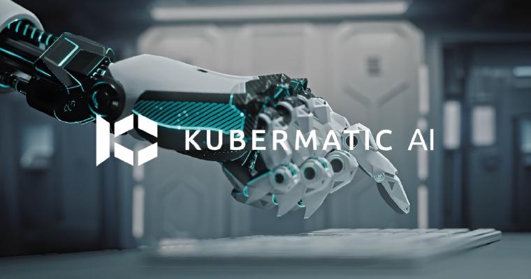 Robotic hand reaching toward a keyboard with the Kubermatic AI logo overlaid